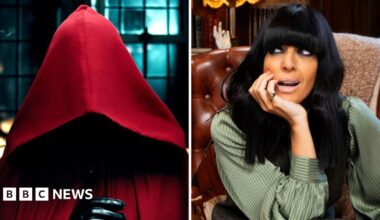 Claudia Winkleman sitting on a chair in the Traitors castle