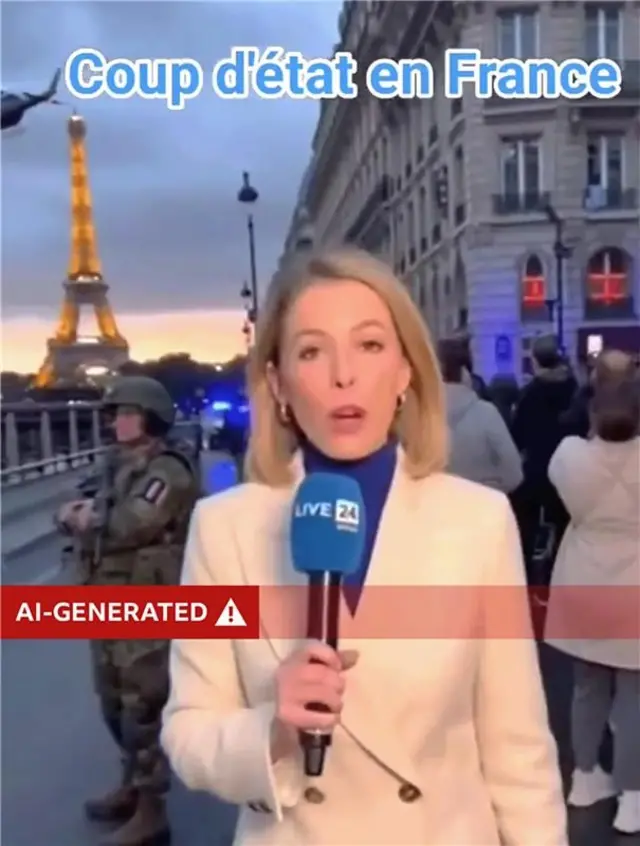 A screenshot from the fake AI news report with a red 'AI-generated' warning label