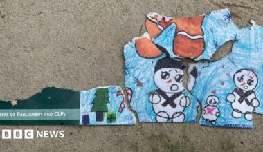 Remnants of a christmas card meant for "Members of Parliament and CLPs" showing childrens' drawings of snowmen, presents under a christmas tree and a sugar cane