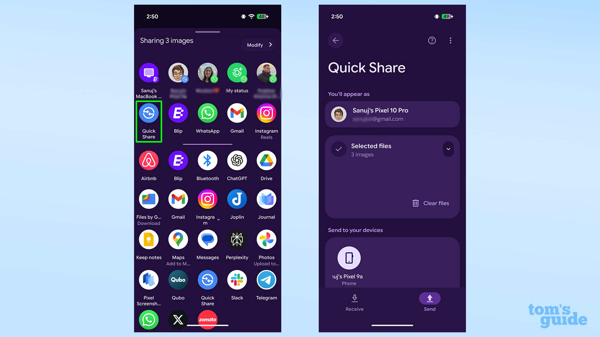 Picking quick share from the Android share sheet when using Quick Share between iPhone and Pixel