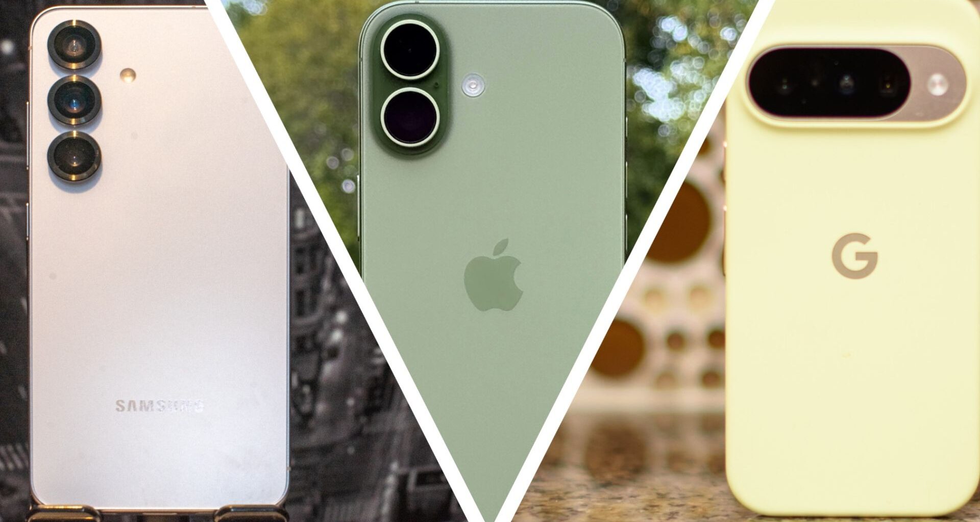 Composite image; Samsung Galaxy S25, iPhone 17, and Google Pixel 10