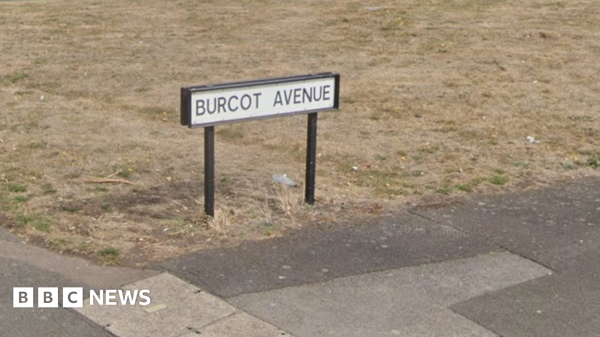 Dry grassy area with a sign which reads Burcot Avenue above. There is pavement to the front of the image