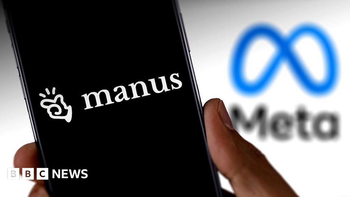 A hand holds a smartphone displaying the Manus company logo, against a backdrop of the blue and back Meta logo.