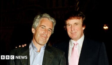 Jeffrey Epstein and Trump both pictured in suits, with Trump's arm around Epstein