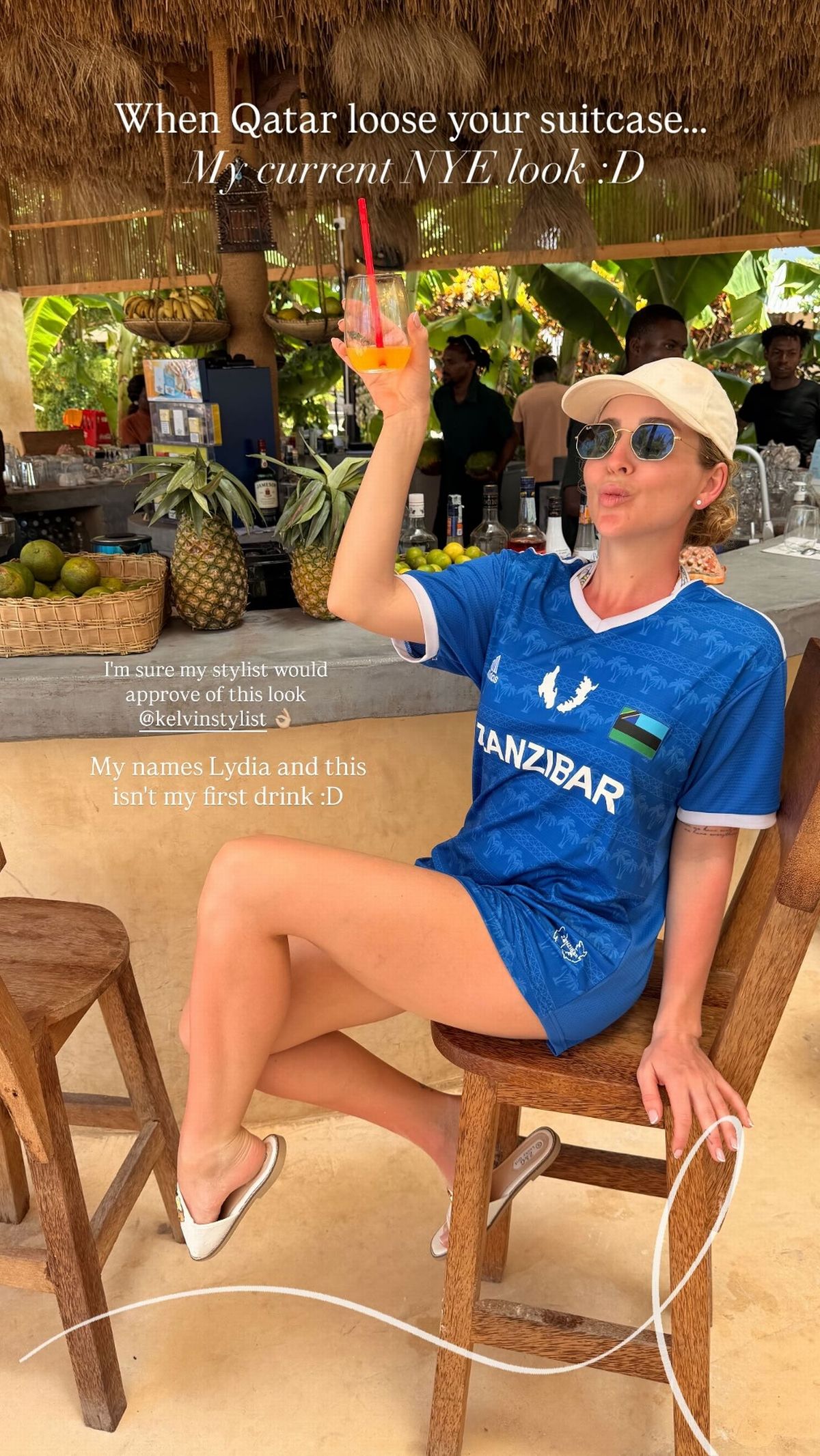 Lydia Bright drinks cocktails in Tanzania after lost luggage on flight