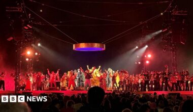 A large crowd of people spanning across a park. There are several trees in the background with hanging lights illuminating the early evening darkness.