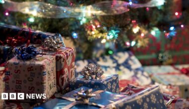 Dozens of presents in a variety of wrapping paper under a decorated Christmas tree.