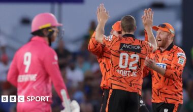 Anrich Nortje celebrates taking a wicket with his Sunrisers Eastern Cape team-mates