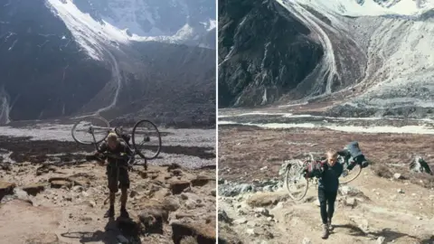Jamie Hargreaves A composite of two images. One shows 23-year-old Jamie carrying his bike on Mount Everest. The right image shows his father in the same spot in 1984.