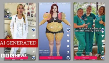 Three screenshots of TikTok videos side-by-side. On the left, a young woman wearing a doctor's jacket in a doctor's office stands with her mouth agape. In the middle, a cartoon of an obese woman with the fat cells highlighted. On the right, three young women in scrubs smiling.