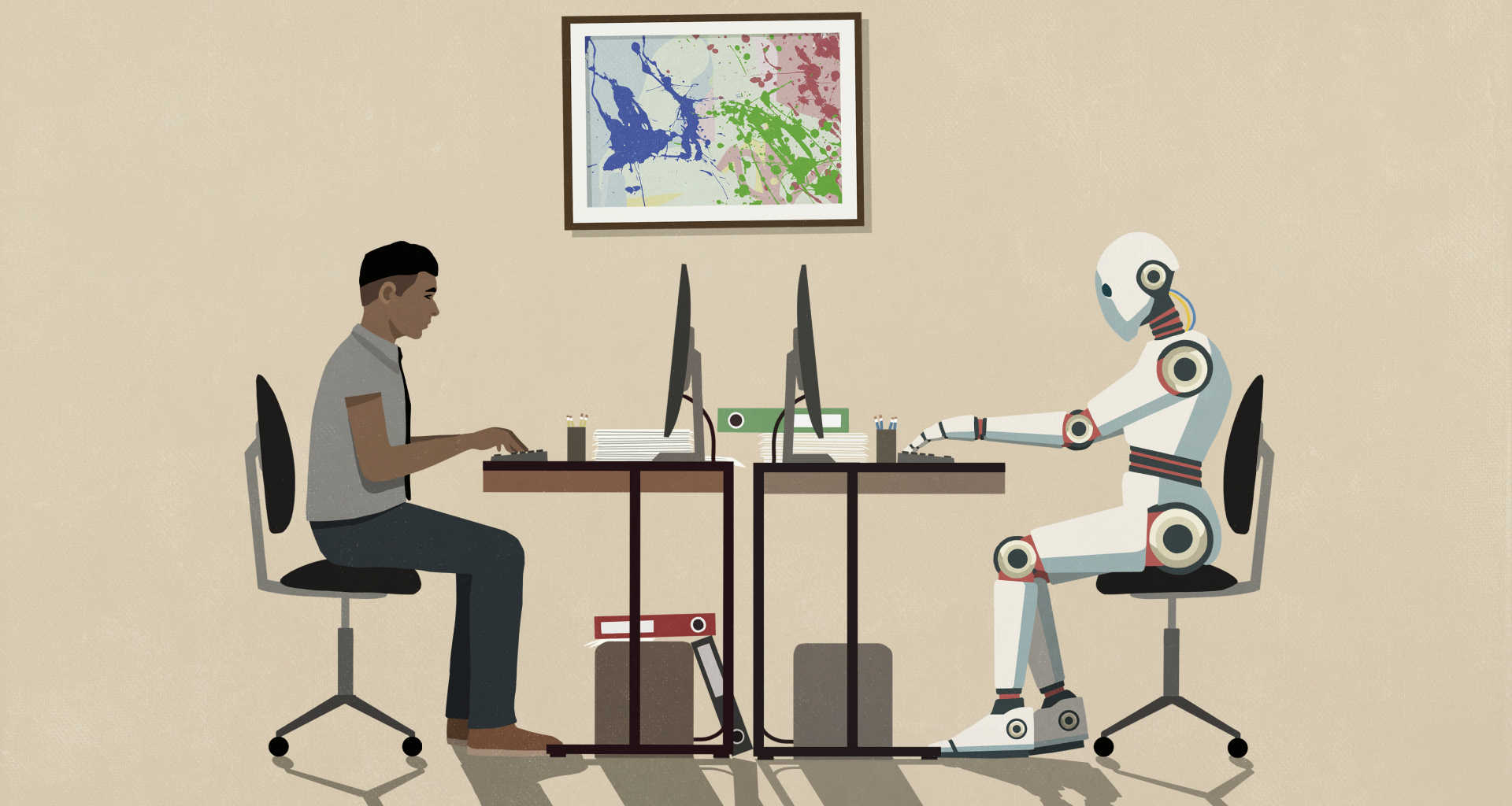 Man and humanoid robot working face to face at computers - stock illustration