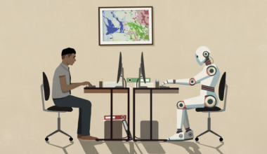 Man and humanoid robot working face to face at computers - stock illustration