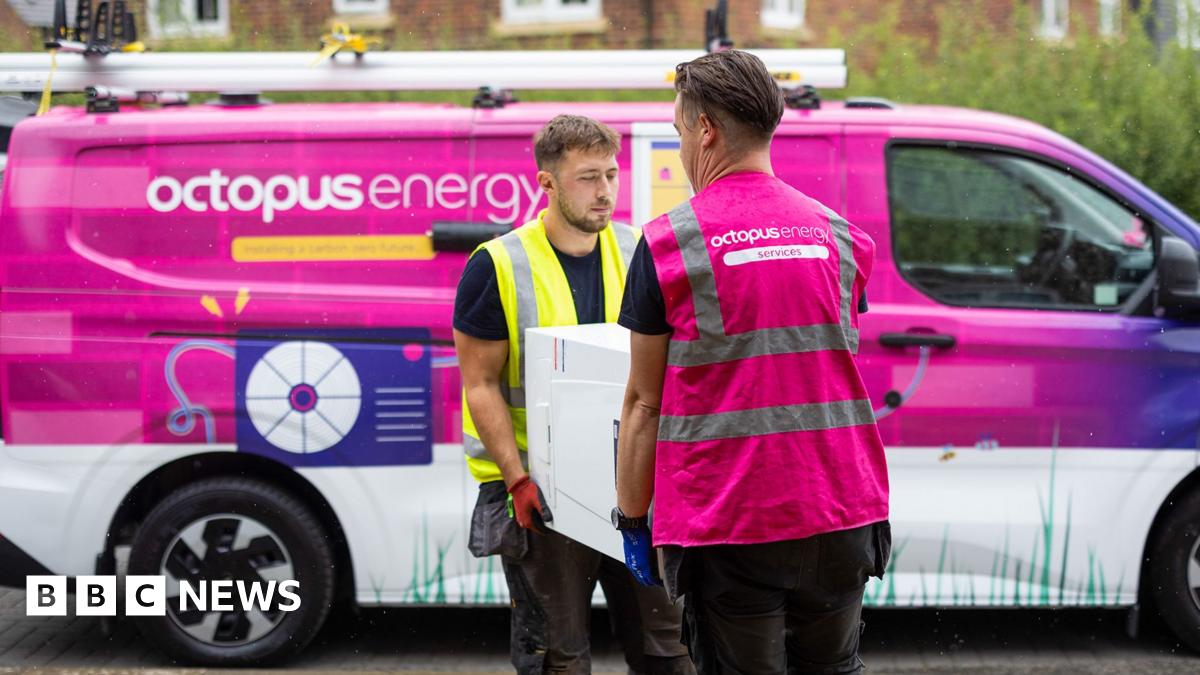 Octopus energy van and two Octopus energy employees carrying a boiler