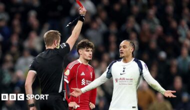 Xavi Simons is dismissed during the first half of Tottenham's 2-1 Premier League defeat by Liverpool