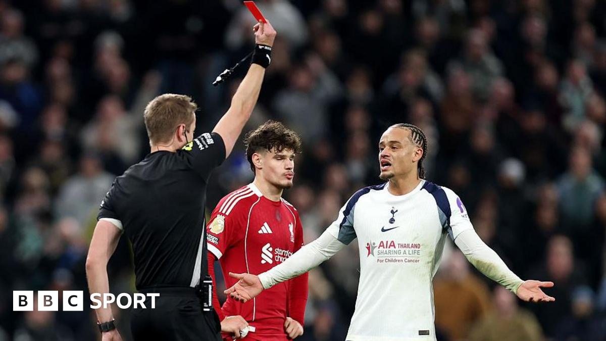 Xavi Simons is dismissed during the first half of Tottenham's 2-1 Premier League defeat by Liverpool