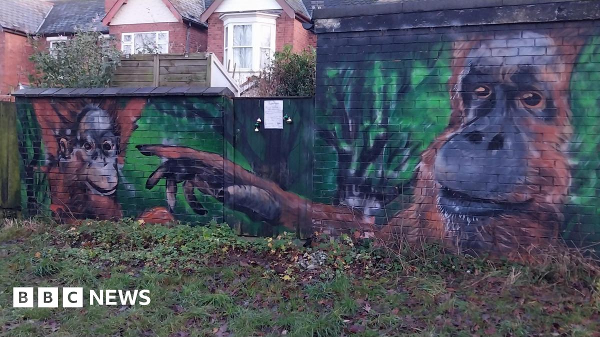 A mural of two orangutans painted on a wall in front of houses.