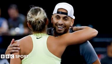 Aryna Sabalenka and Nick Kyrgios hug after an exhibition event in New York this week