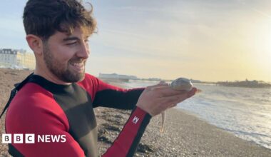 Gio, a young man with brown hair in a red and black wetsuit proudly holds a small cat shark up to the camera.