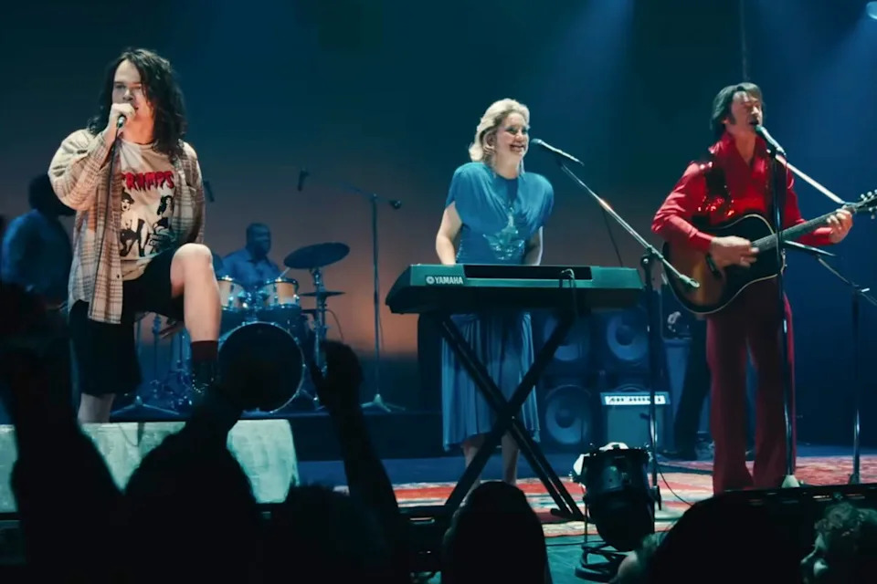 Focus Features John Beckwith (as Eddie Vedder) with Kate Hudson and Hugh Jackman in 'Song Sung Blue'