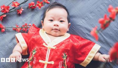 A baby lying down on a patterned grey cloth while dressed in a red traditional Chinese outfit with gold linings. Some red flowers surround him.