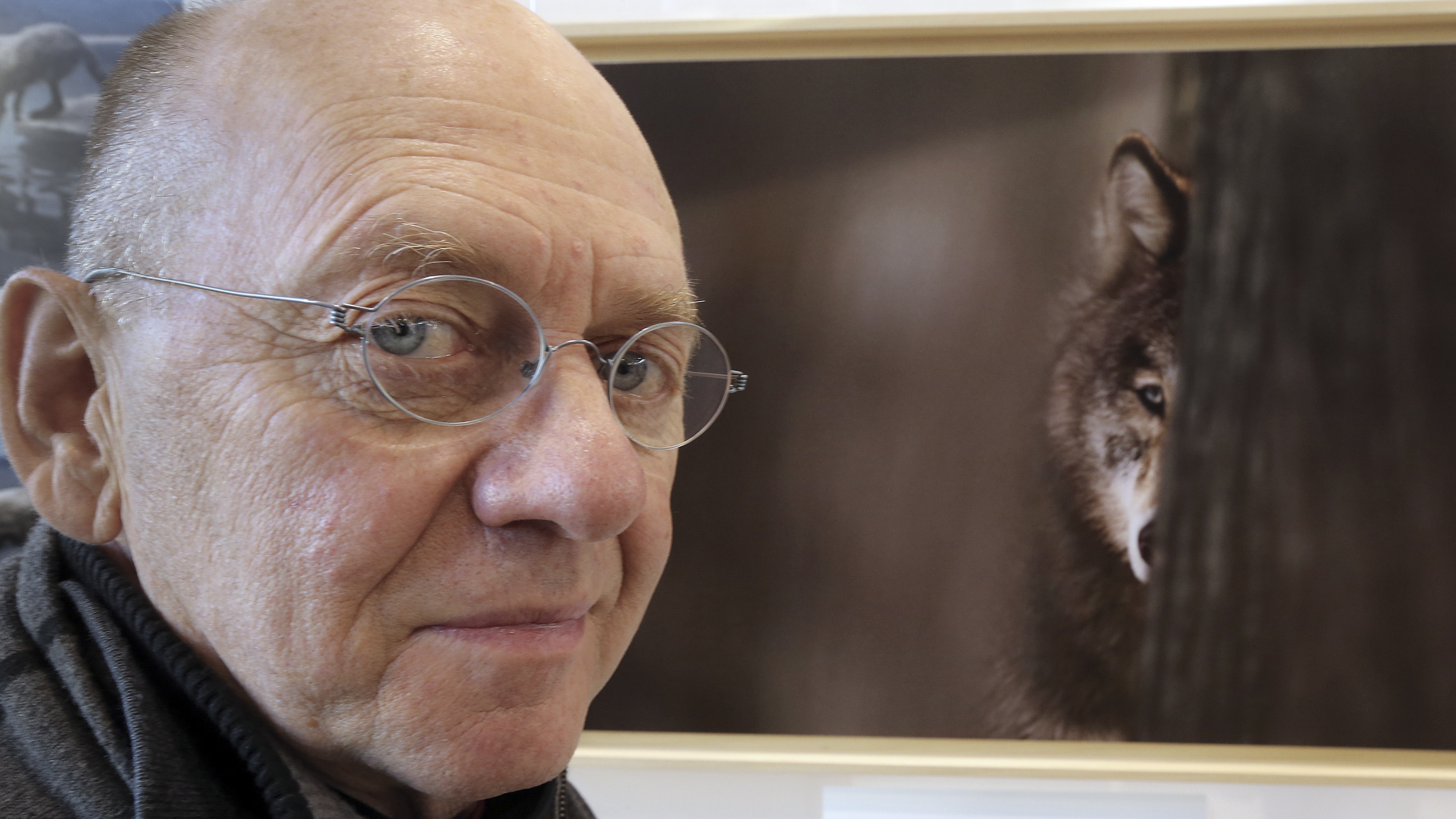 US environmentalist and nature photographer Jim Brandenburg poses in front of a picture during the nature and wildlife international photo festival in Montier-en-Der, on November 16, 2012. The 16th edition of the fair, which runs from November 15 to November 18, 2012, presents work from photographers who campaign for the protection of the environment and endangered species. AFP PHOTO FRANCOIS NASCIMBENI (Photo by Francois Nascimbeni/ AFP)