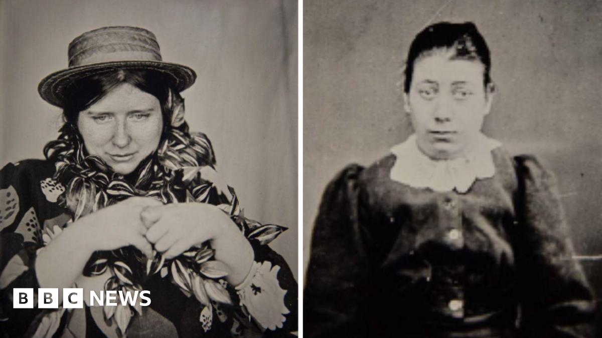 Two black and white photographs of woman with long black hair