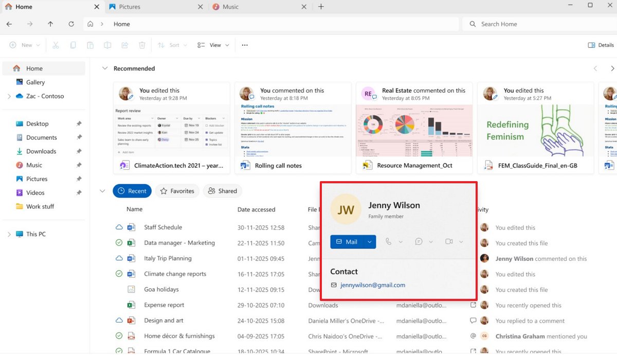 File Explorer Home with people card view