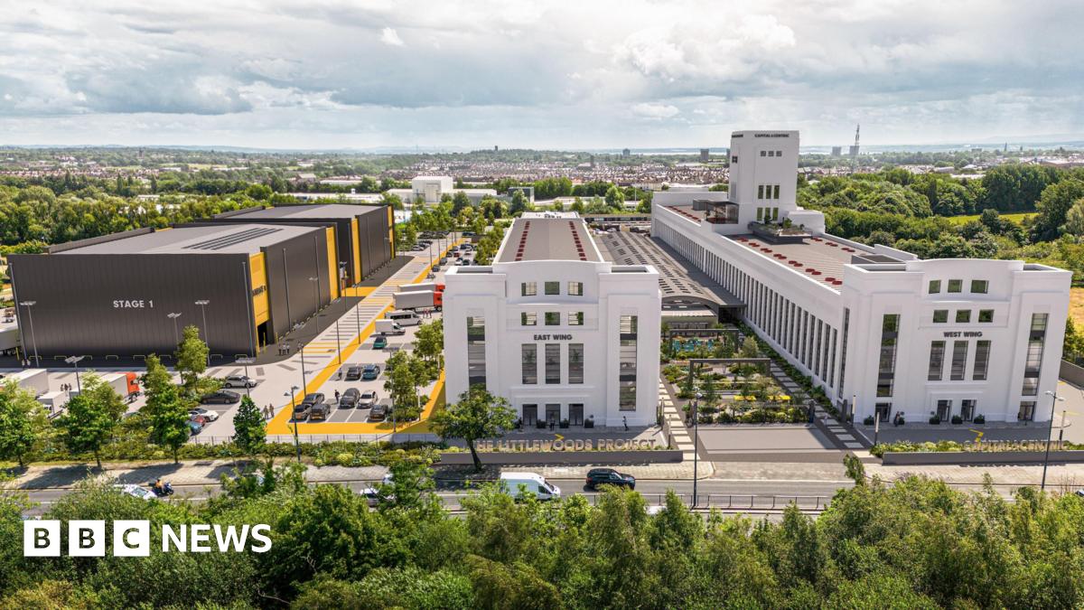 CGI image of how the development could look, showing two large white buildings and two large studio grey and yellow studio blocks.
