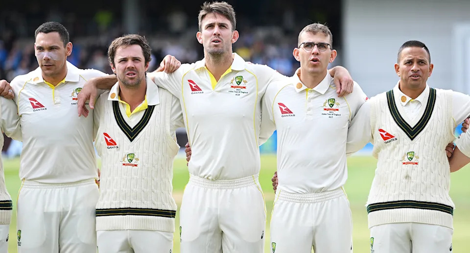 Todd Murphy with Aussie teammates in the 2023 Ashes series.