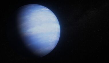 An illustration of a blue exoplanet with white stripes across it in the darkness of space