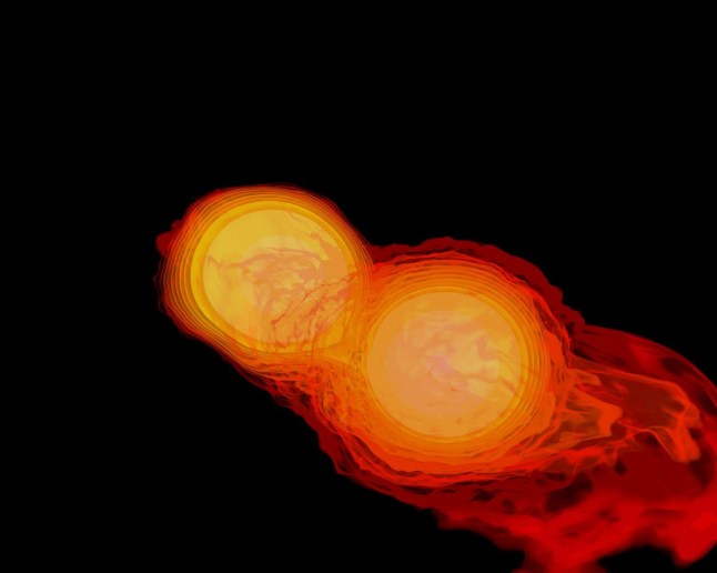 A scene from a NASA animation showing two neutron stars colliding. Credit: NASA's Goddard Space Flight Center. Metro grab from: http://www.space.com/27872-strange-matter-neutron-stars.html
