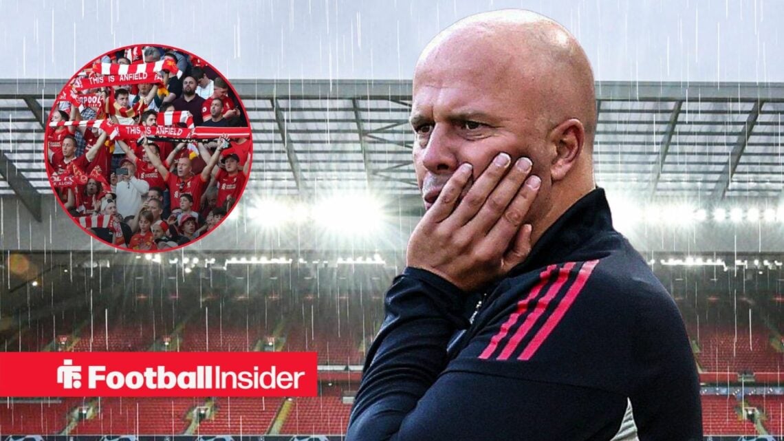 Liverpool manager Arne Slot stands with his hand on his face as the fans hold scarves aloft in a circular inset.