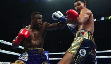 Kevin Lele Sadjo lands a left hand on Diego Pacheco during their fight in Stockton, California.