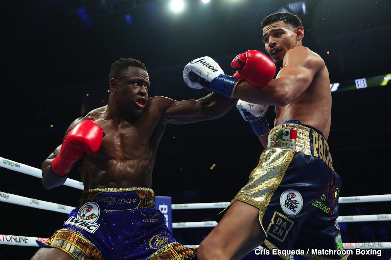 Kevin Lele Sadjo lands a left hand on Diego Pacheco during their fight in Stockton, California.