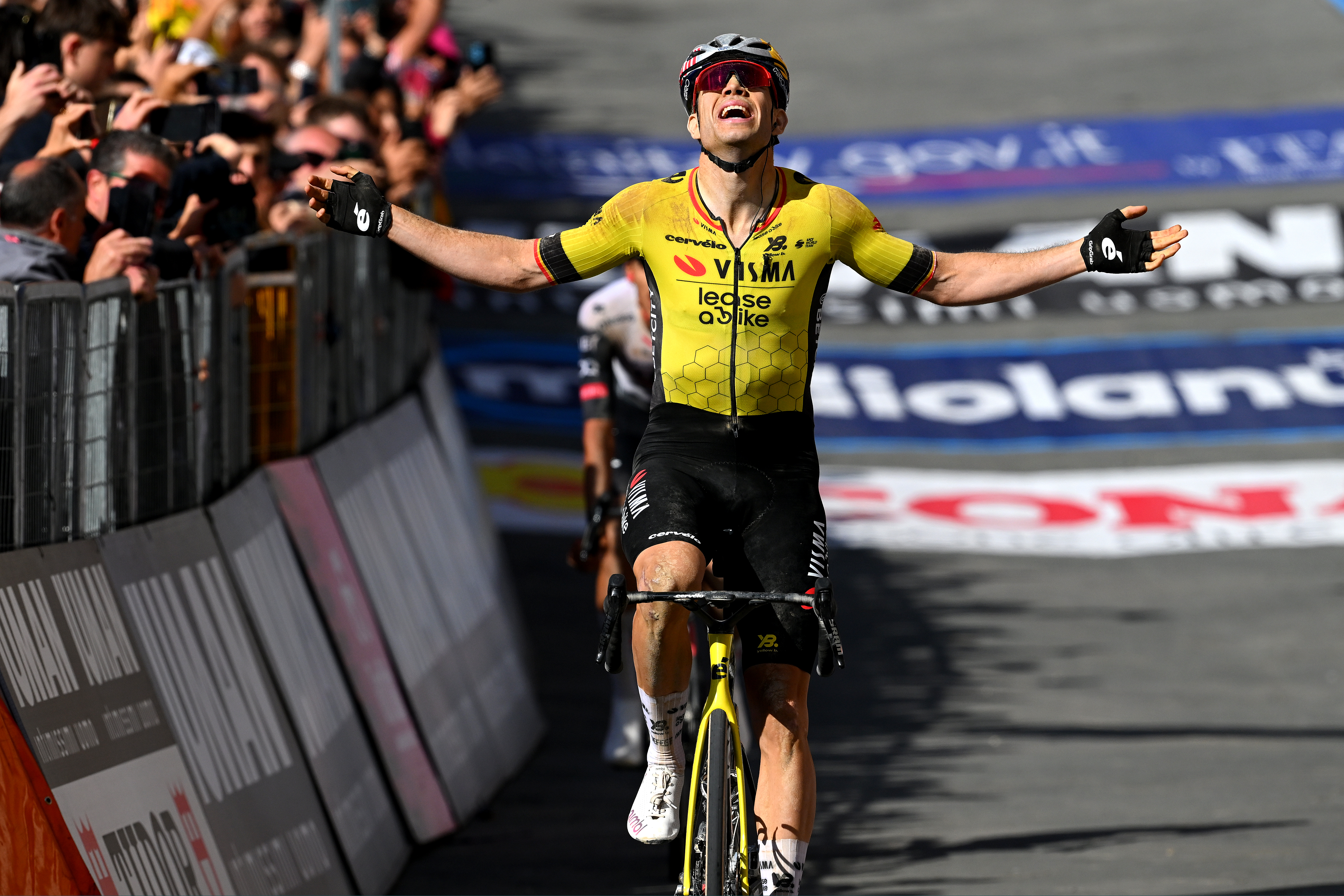 SIENA, ITALY - MAY 18: Wout Van Aert of Belgium and Team Visma | Lease a Bike celebrates at finish line as stage winner during the 108th Giro d'Italia 2025, Stage 9 a 181km stage from Gubbio to Siena / #UCIWT / on May 18, 2025 in Siena, Italy. (Photo by Tim de Waele/Getty Images)