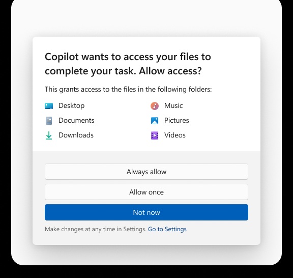 Copilot requesting personal folders access on Windows 11