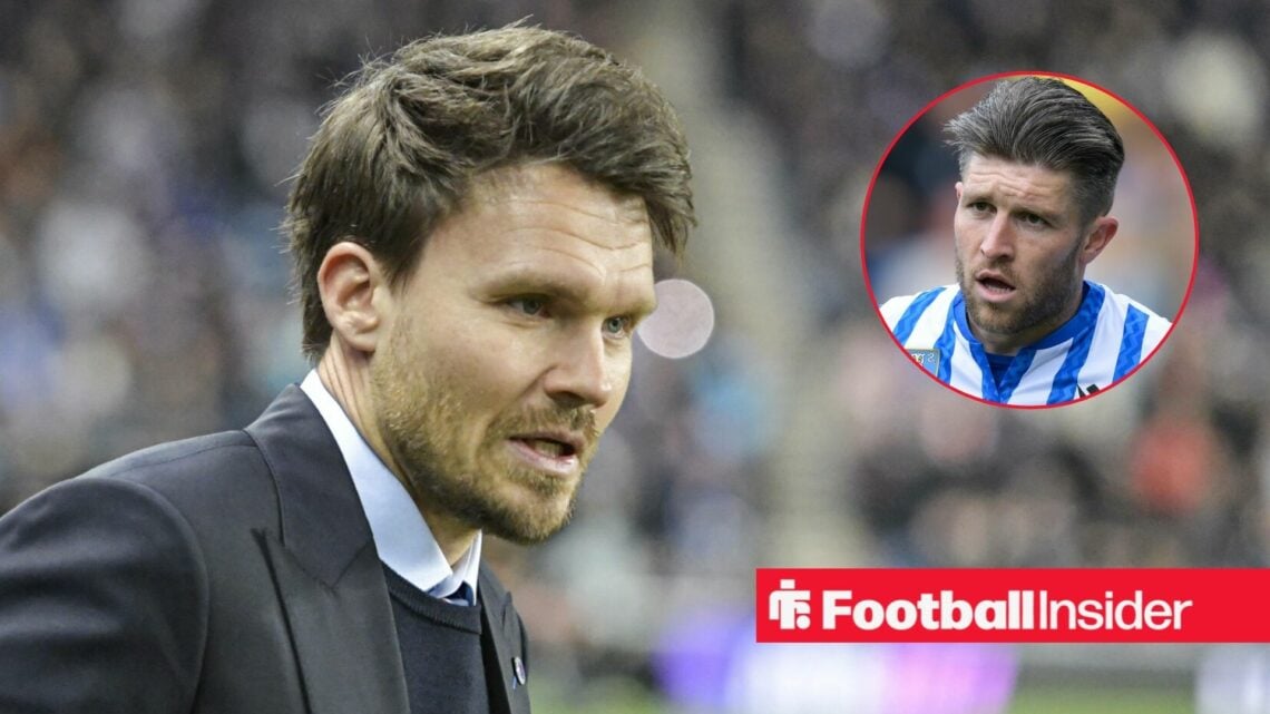 Rangers manager Danny Rohl stares towards a circular inset, where Josh Windass is in action during a game.