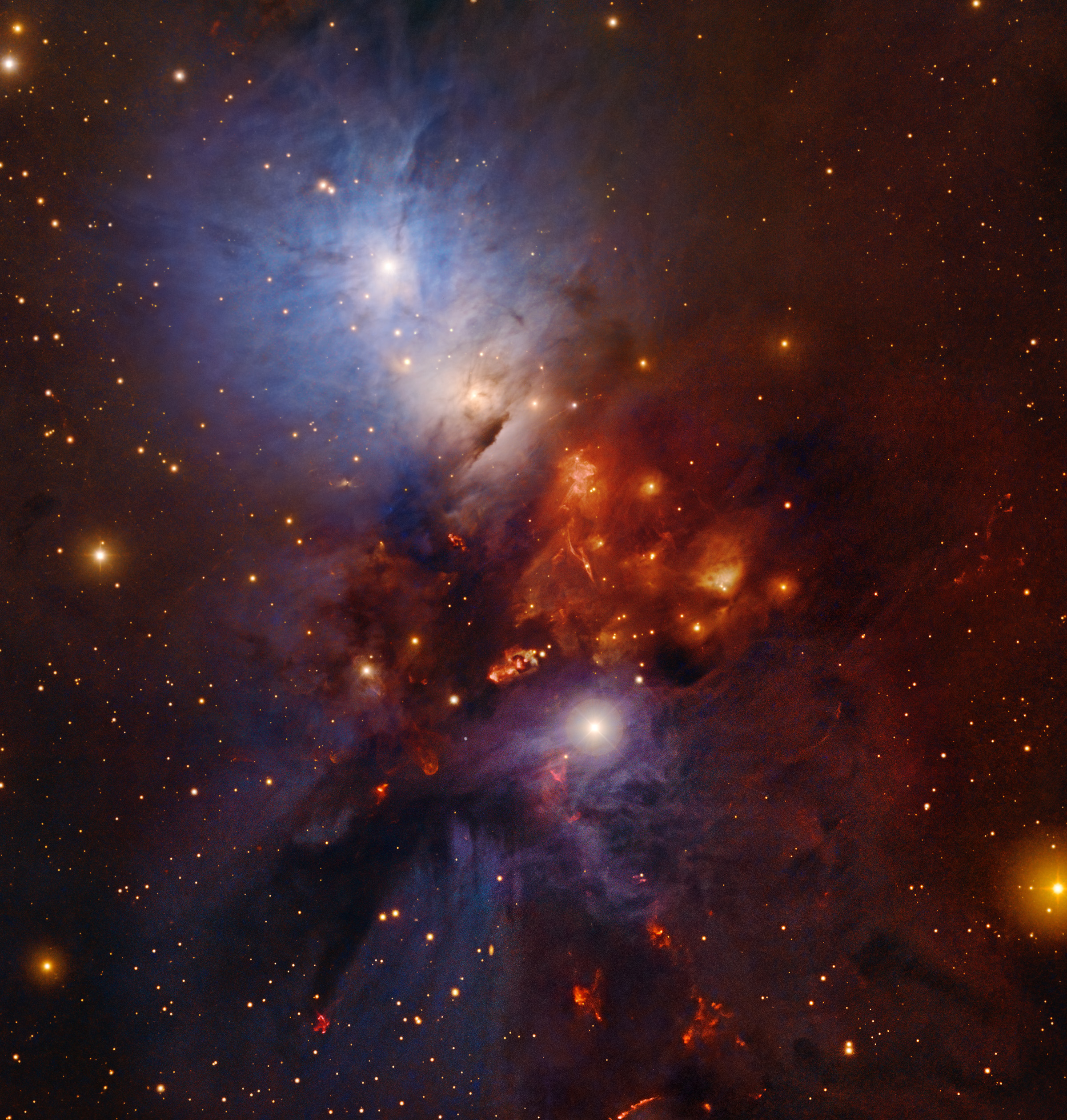 Composite image of the star-forming region NGC 1333 obtained by combining data from the 8.2 m Subaru Telescope and the Digitized Sky Survey.