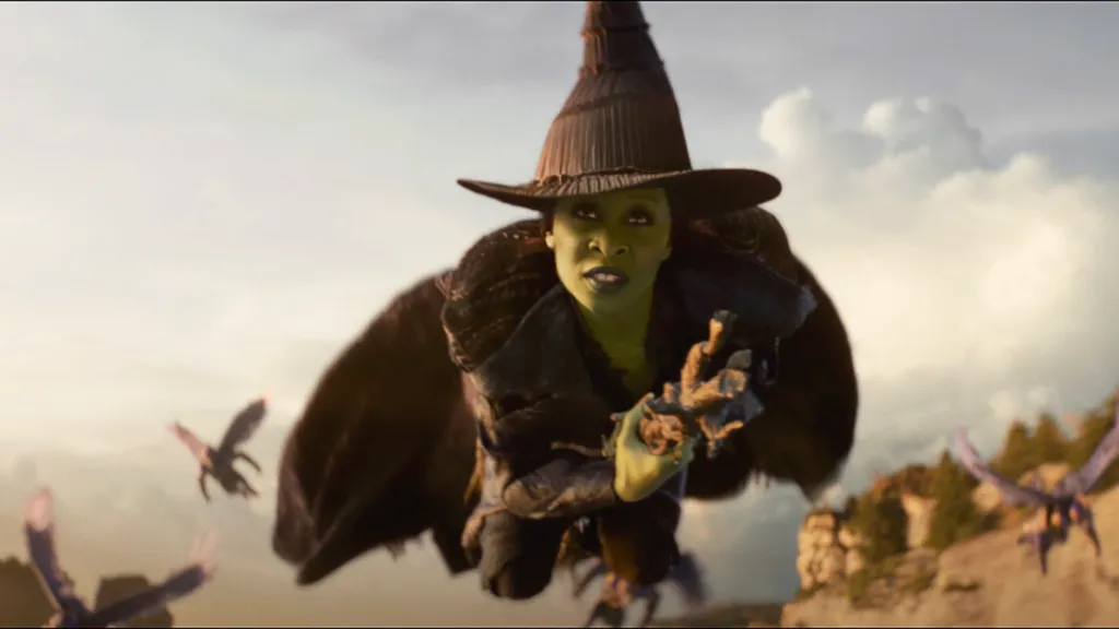 Elphaba on broom in Wicked For Good