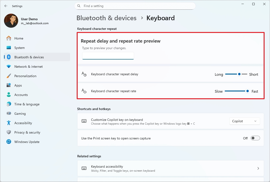 Keyboard character repeat settings