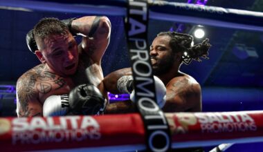 Jermaine Franklin lands a right hand on Devin Vargas during their heavyweight bout at Wayne State Fieldhouse in Detroit, Michigan.