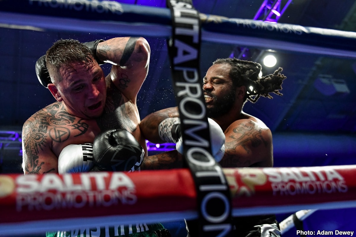 Jermaine Franklin lands a right hand on Devin Vargas during their heavyweight bout at Wayne State Fieldhouse in Detroit, Michigan.