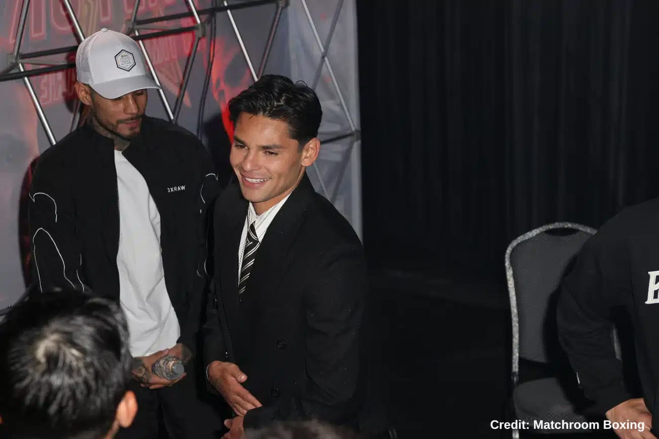 Ryan Garcia greets fans during a promotional event ahead of his fight with Rolando “Rolly” Romero, during the build-up to their May 2, 2025 bout in Times Square, New York.