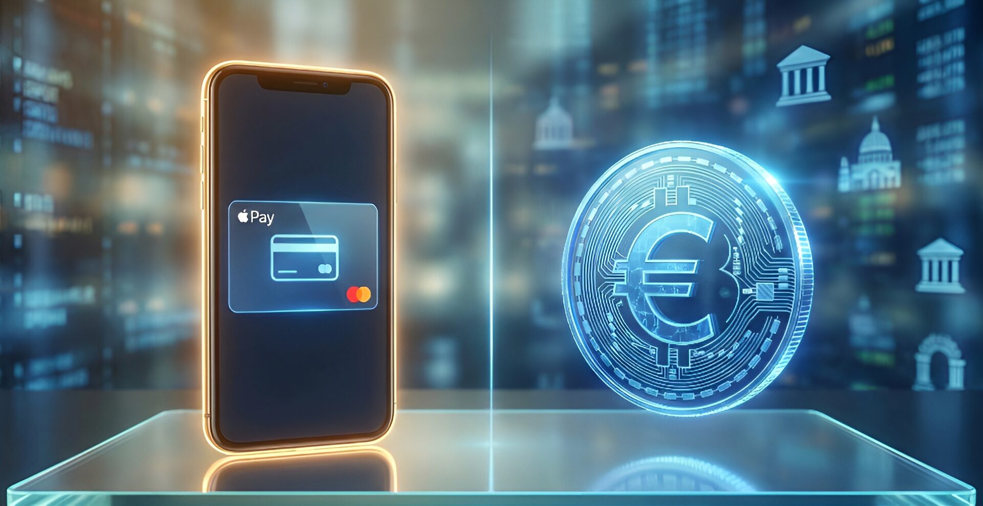 A smartphone displaying 'Apple Pay' with a Mastercard logo is placed next to a digital euro symbol on a reflective surface.