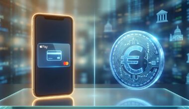 A smartphone displaying 'Apple Pay' with a Mastercard logo is placed next to a digital euro symbol on a reflective surface.