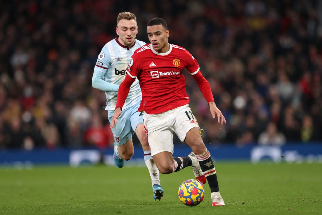 Mason Greenwood dribbling the ball for Manchester United vs West Ham
