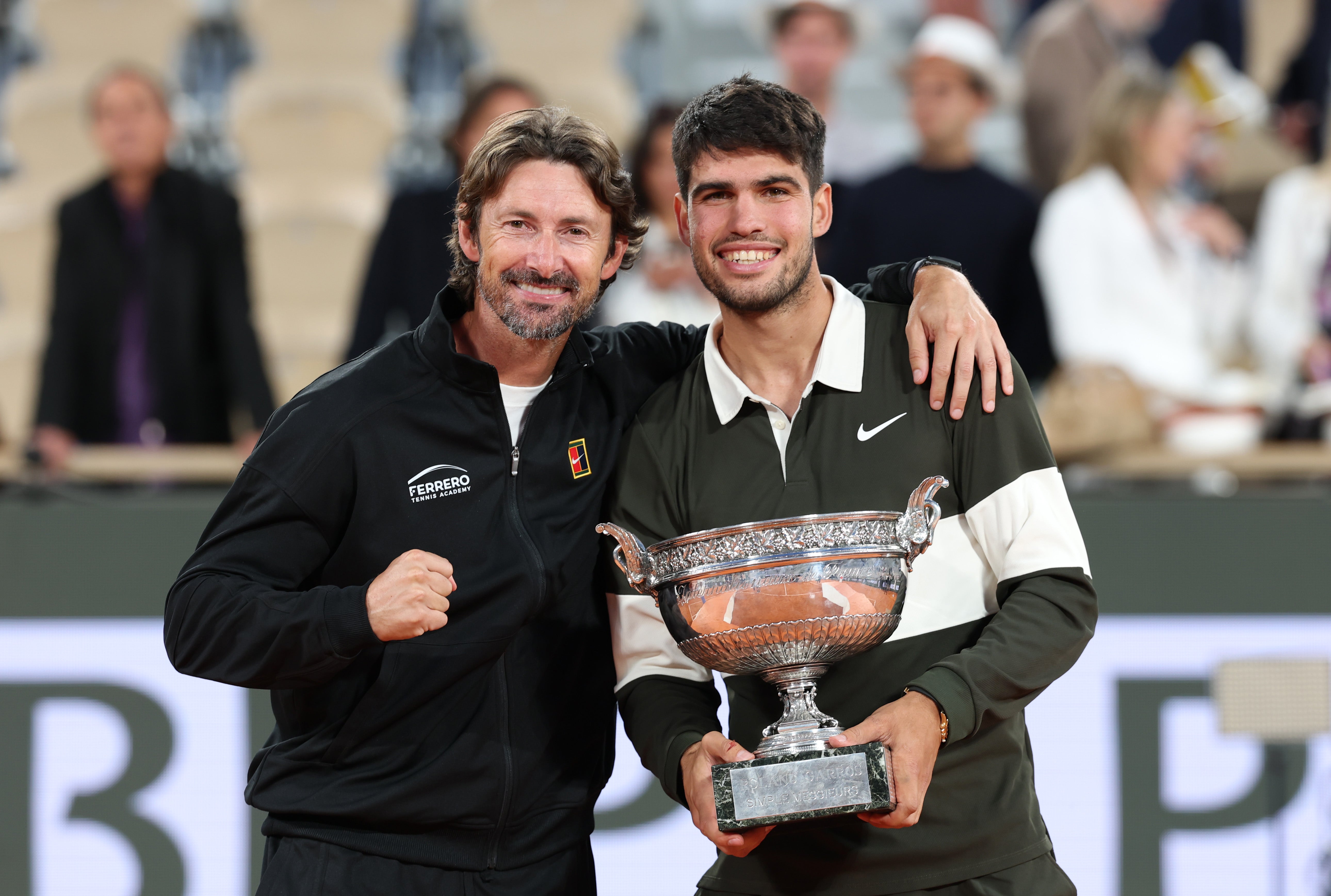Carlos Alcaraz and Juan Carlos Ferrero celebrate after winning the French Open