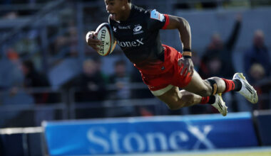 Saracens' Noah Caluori scores a try during his side's October 2025 PREM Rugby match against Sale Sharks.
