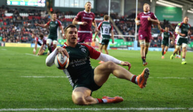 Leicester Tigers' Adam Radwan slides in to score his team's first try during the October 2025 PREM Rugby match against Sale Sharks