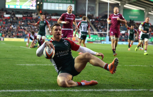 Leicester Tigers' Adam Radwan slides in to score his team's first try during the October 2025 PREM Rugby match against Sale Sharks